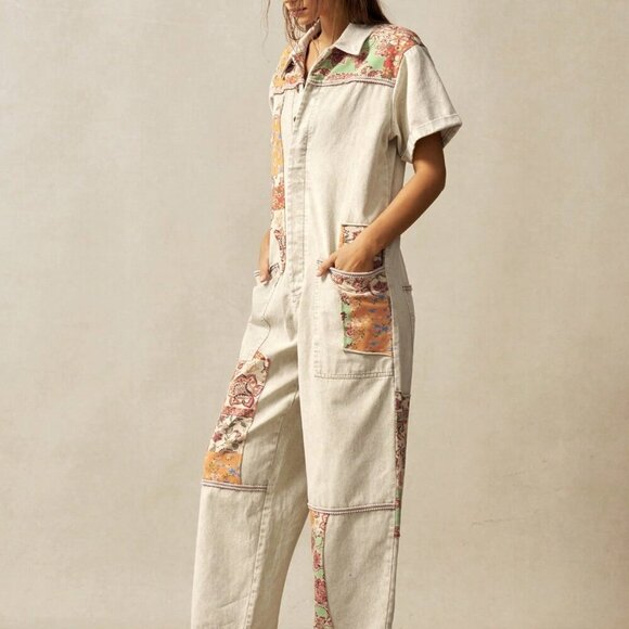 Khaki Casual Women's Boho Western Cowgirl Style Floral Patchwork Jumpsuit - Picture 6 of 7